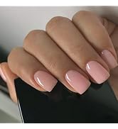 Pink Press on Nails Short Square Fake Nails Light Pink False Nails with Solid Colour Designs Acry...