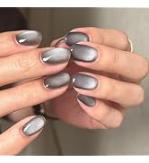 Press on Nails Short Oval Acrylic Nails Press ons Grey Fake Nails with Cat Eyes Designs Silver Gl...