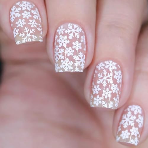 Short Christmas Press on Nails Square Fake Nails Acrylic Glossy False Nails with White Snowflake Full Cover Designs Glue on Nails Artificial Stick on Nails for Women & Girls 24 Pcs Nail Art Supplies