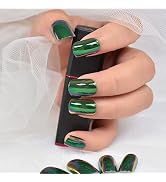 ELEVENAIL Daily Short Squoval False Nails Magic Green Chrome Reflection Mirror Press on Nails Reu...