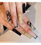 YOSOMK French Tip Press on Nails Long with Designs Black and Gold False Fake Nails Press On Coffi...
