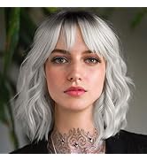 BESTUNG Short White Silver Wigs for Women Ombre Grey Wavy Bob Wig with Bangs Medium Length Synthe...
