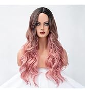BESTUNG Long Pink Wigs for Women Long Curly Wig Ombre Black to Pink Wigs Dark Roots Middle Part R...