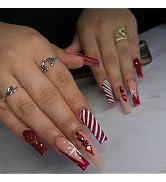 Christmas Press on Nails Long Square Winter French Tip Fake Nails Red Full Cover White Snow False...