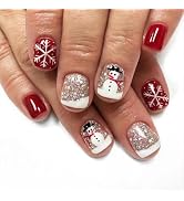 Christmas Press on Nails Short Square Fake Nails Winter Red Glossy False Nails with Xmas Snowman ...