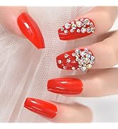 ELEVENAIL Medium Ballerina Glossy Press on Nails Coffin Pure Red Shiny 3D Rhinestone False Nails ...