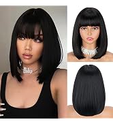 LINGHANG Short Black Bob Wigs with Bangs, Synthetic Straight Bob Wigs for Women, Natural Looking ...