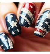 24Pcs 4th of July Press on Nails Independence Day Acrylic Medium Square Fake Nail Glossy Silver G...
