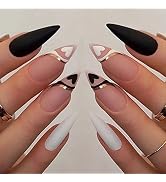 ANDGING Press on Nails Short Medium Stiletto, Fake Nails for Women with Protein Black Pink Heart ...
