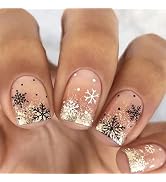 Christmas Press on Nails Short Square Fake Nails with Black White Snowflake Gold Glitter Designs ...