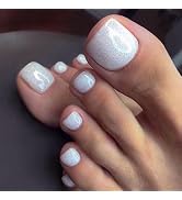 Press on Toenails for Women Short Solid White Colors Summer Press on Toe Nails Silver Glitter Fak...