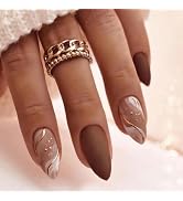 Almond Press on Nails Medium Fake Nails with Designs Gold Line Brown Matte False Nails Full Cover...