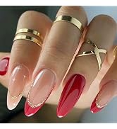 Red Press on Nails Medium Length Almond Fake Nails French Tip False Nails with Designs Gold Glitt...