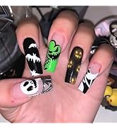 Halloween Press on Nails Long Coffin SWEKKE Fake Nails Ghost Skull Scary Full Cover Stick on Nail...