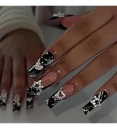 Valentines Press on Nails Long Square Black French Tip Fake Nails Pink Full Cover Heart Star Rhin...