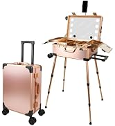 RUKEJUNE Rolling Makeup Case with LED Light Mirror Adjustable Legs Lockable Train Table Studio Ar...