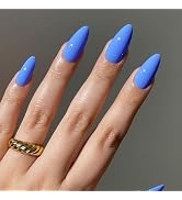 Blue Press on Nails Medium Almond Fake Nails Solid Colour False Nails with Design Glossy Full Cov...