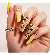 Hand-Made Press on Nails, BettyCora Long Coffin with Rhinestone Butterfly Design, 12 Sizes 24 Nai...