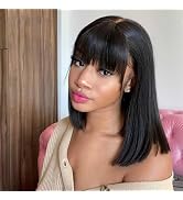 Mofyue Short Black Human Hair Bob Wigs With Bangs Straight Realistic Scalp Glueless Non Lace Fron...