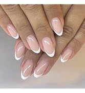 White French Tip Press on Nails Short Oval Fake Nails with Designs Nude Pink False Nails Full Cov...