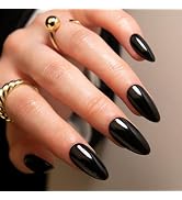Black Press on Nails Almond Fake Nails Medium Almond False Nails Press ons with Designs Acrylic N...