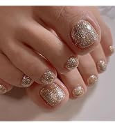 French Press on Toenails Short Square Toenails Summer Acrylic False Toe Nails Champagne Gold Glit...