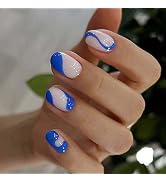 ANDGING Press on Nails Short Oval, Fake Nails for Women with Protein White Navy Blue Curved Swirl...