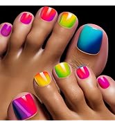 Rainbow Gradient Fake Toenails Colorful Ombre Press on Toenails Glossy Full Cover Toe Nails Short...