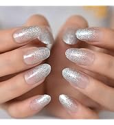 ELEVENAIL Medium Length Oval False Nails Transparent with shiny glitter French Press on Nails Sal...