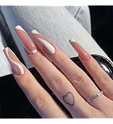 ANDGING Press on Nails Medium Length Coffin , Fake Nails for Women with Nude Pink Milky White Cur...