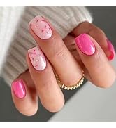 24 Pcs Pink Press on Nails Short Square Fake Nails,Glossy Glue on Nails Full Cover False Nails wi...