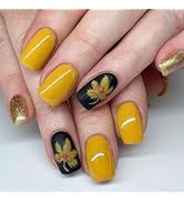 Fall Press on Nails Medium Square Yellow Fake Nails Thanksgiving Glue on Nails with Maple Leaf De...