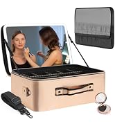 RUKEJUNE Large Cosmetics Train Case with LED Lighted Mirror 3 Color Lights Adjustable Brightness ...