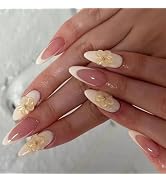 Flower Press on Nails Short Almond Fake Nails White French Tip False Nails with Designs 3D Floral...