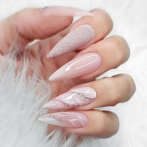 AkiliBIELY Stiletto Press on Nails Long Pink White Marble Curve Fake Nails Women Fantasy Glue on Nails Acrylic Gel Stick on Nails Classy Aesthetic False Nails Wedding Birthday