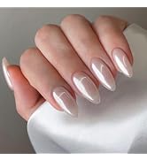 Almond Press on Nails Medium Fake Nails Pearl White False Nails with Designs Chrome Glossy Full C...