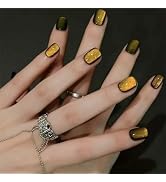 Cat Eye Press on Nails Short Square Fake Nails Yellow False Nails with Designs Glitter Full Cover...