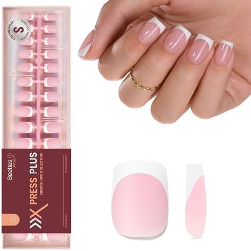 Beetles French Tip Press On Nails: 150 Pcs Pink Short Square Press On Nails 4 in 1 Nail Tips, Pre-Applied Primer & Base Coat, No File Need DIY Manicure for Fake Nails Extension Gifts for Women