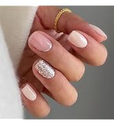 ROMODIYA Press on Nails Short Square, Nude Pink Glitter Fake Nails, Gel Made Solid Color False Na...