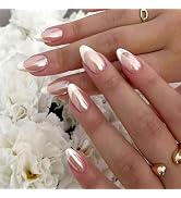 Press on Nails Medium Almond Fake Nails White French Tip Nails Press ons Glossy Glue on Nails Lig...