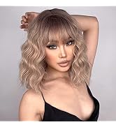 LINGHANG Short Blonde Wigs with Bangs Synthetic Wavy Blonde Wigs for Women Synthetic Curly Pastel...
