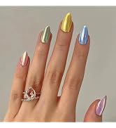 Chrome Press on Nails Short Almond Fake Nails with Designs Colorful Aurora Glossy Dopamine Style ...
