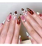 Trendy Press on Nails French Tip Fake Nails with Zebra Tortoise Leopard Print Designs Flower Cher...