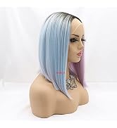 Xiweiya Half Pink Half Blue Bob Synthetic Lace Front Wig Pink Blue Rainbow Lace Front Wig Multi-c...