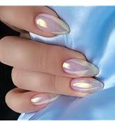 GLAMERMAID Chrome Press On Nails Short Almond - Nude Handmade Soft Gel Fake Nails Medium Oval, Wh...