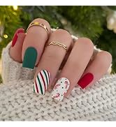 Christmas Press on Nails Short Square Fake Nails with Candy Canes Stripe Line Design Nails Press ...