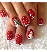 Christmas Press on Nails Medium Square Red False Nails Christmas Fake Nails with Snow Designs Red...