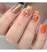 Fall Press on Nails Medium Square Orange False Nails Yellow Glitter Leaf Fake Nails with Floral D...