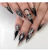 Halloween Press on Nails Almond Stiletto Fake Nails French Gradient Black False Nails with Design...
