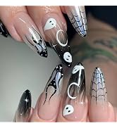 Halloween Press on Nails Stiletto Fake Nails Gothic False Nails with Ghost Flame Star Spider Glue...